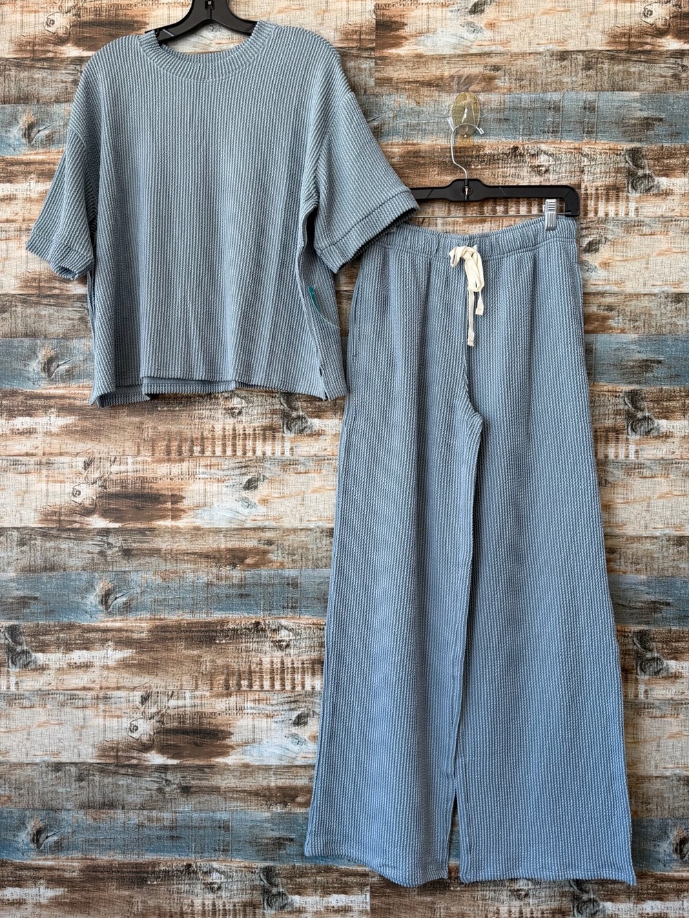 Zenana Ribbed Pants Set in Dusty Blue